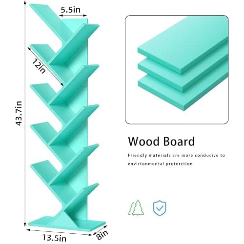 SHEEPAM 10 Tier Tree Book Shelf, Floor Standing Wood Bookshelf for Narrow Space, Storage Organizer Bookshelves for Books/CDs/Magazine, Bookcase with Shelves for Home Office, Living Room - Green thumbnail 3