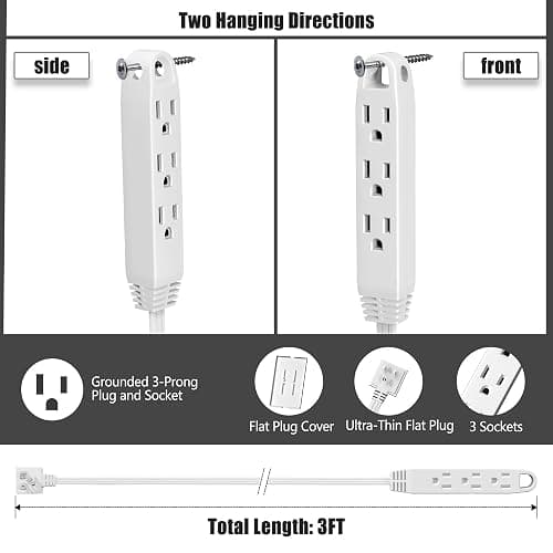 CABOCASA 3FT Ultra Flat Plug Extension Cord Power Strip with 3 Outlets, Patented Detachable Ultra-Thin Outlet Cover Concealer & Ultra-Flat Plug, Max. 13A 125V 1625W ETL Listed, White Color thumbnail 2