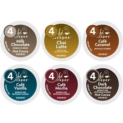 K-cups Coffee Pods Variety Sampler Includes Cafe Mocha, Vanilla, Caramel, Chai Latte, Dark & Milk Chocolate Hot Cocoa for Keurig Brewers. 24 Count - Image 1