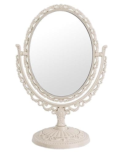 XPXKJ Vintage Vanity Mirror Shabby Chic Decor | 360° Rotating Double-Sided Table Makeup Mirror with Stand Bedroom Decoration Perfect for Tabletop, Desk, or Makeup Station - Beige