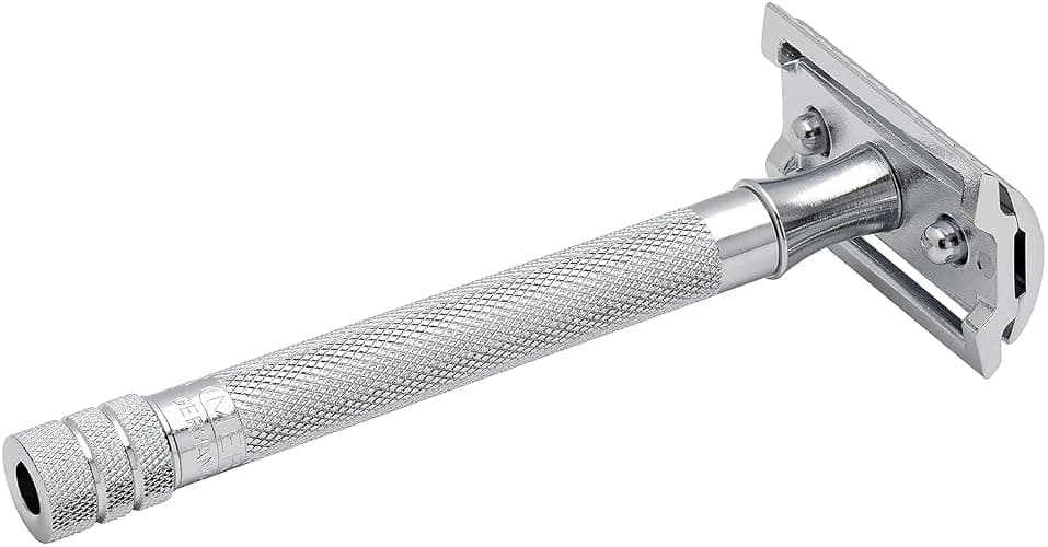 MERKUR 23C Double Edge Safety Razor - Polished Chrome, Long Knurled Brass Handle, Made in Germany, Plastic-Free, Three Piece Design, Closed Comb, Straight Bar thumbnail 4
