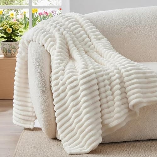 BEDELITE Fluffy Fleece Blanket Cosy Soft Throw, 127x152 cm, Cream White | Striped Design, Decorative for Sofa Bed Couch, Warm Gifts for Women and Girls - Image 1