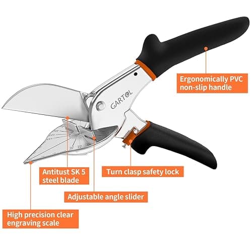 GARTOL Miter Shears, 45-135 Degree Adjustable Angle Scissors, Quarter Round Cutter Tool with Spare SK5 Blades, Trunking Shears for Cutting PVC, Trim and Softwood Moulding (Not for Hardwood) thumbnail 3