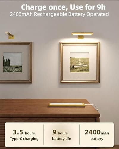 EZVALO Picture Light for Wall, Rechargeable 2400mAh Gold Lights Wireless with IR Remote, 3 Color & Dimmable Magnetic 7.87'' LED Lights Display for Painting, Living Room, Gallery, Bedroom Art(3P) thumbnail 2
