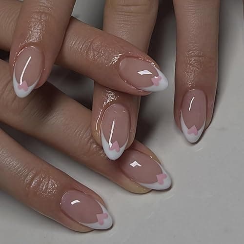 24 Pcs Extra Short Press on Nails Almond Nail Tips,YEFIUO Heart Acrylic Nail Kit Summer White French Fake Nails Press ons Glue on Nails Full Cover Reusable False Nails with Jelly Glue Tool for Ma'am - Design-A12