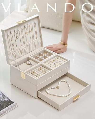 Vlando 3 Layer Jewelry Box - Women Jewelry Box with Retractable Tray - Jewelry Organizers with Drawer for Necklaces, Rings, Bracelets, Earrings, Gift for Couples Mom Girls - Could White thumbnail 6