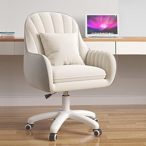 HDHNBA Mid Back Velvet Vanity Chair Swivel Rolling Desk Chair with Wheels, Modern Upholstered Makeup Chair for Women Girls, Computer Task Chair for Bedroom Living Room Office, White - Image 1