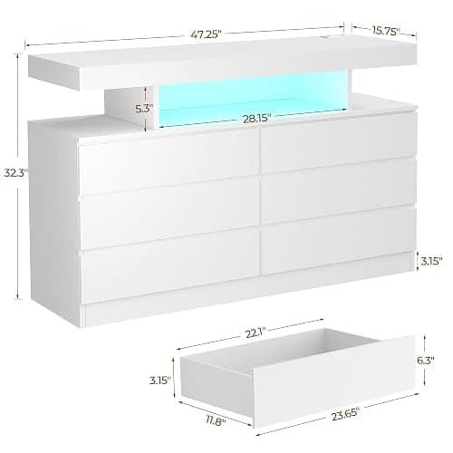 BEWISHOME White Dresser for Bedroom with Charging Station and LED Lights, Wood 6 Drawer Dresser TV Stand with Open Space, Modern Wide Dressers Chest of Drawers for Closet, Living Room, White KCG02W thumbnail 2