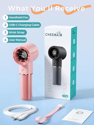 Cheerair Handheld Portable Fan, 6-Speed Powerful Mini Personal Fan, Rechargeable 5000mAh Battery with Up to 15 Hours Runtime, Pocket Turbo Fan with Smart LED Display, Ideal for Travel, Camping, Makeup thumbnail 8