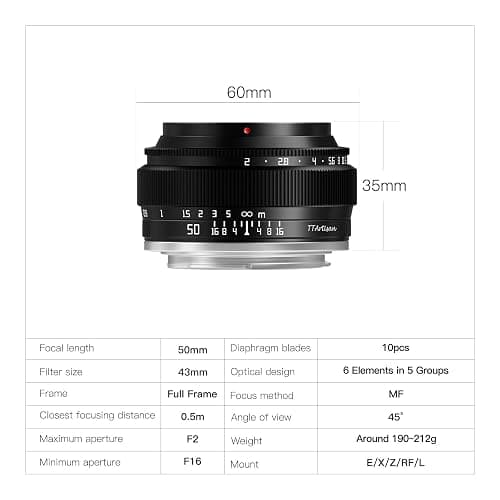 TTArtisan 50mm f2 Full Frame Manual Focus Camera Lens for E-Mount A7 A7II A7III A7R A7RII A7RIII(A7RM3) A7RIV(A7RM4) A7RV A7S A7SII(A7SM2) A7SIII(A7SM3) A7C A9 A1 A5100 A6000 A6100 A6300 A6700 - Sony E mount - Black thumbnail 5