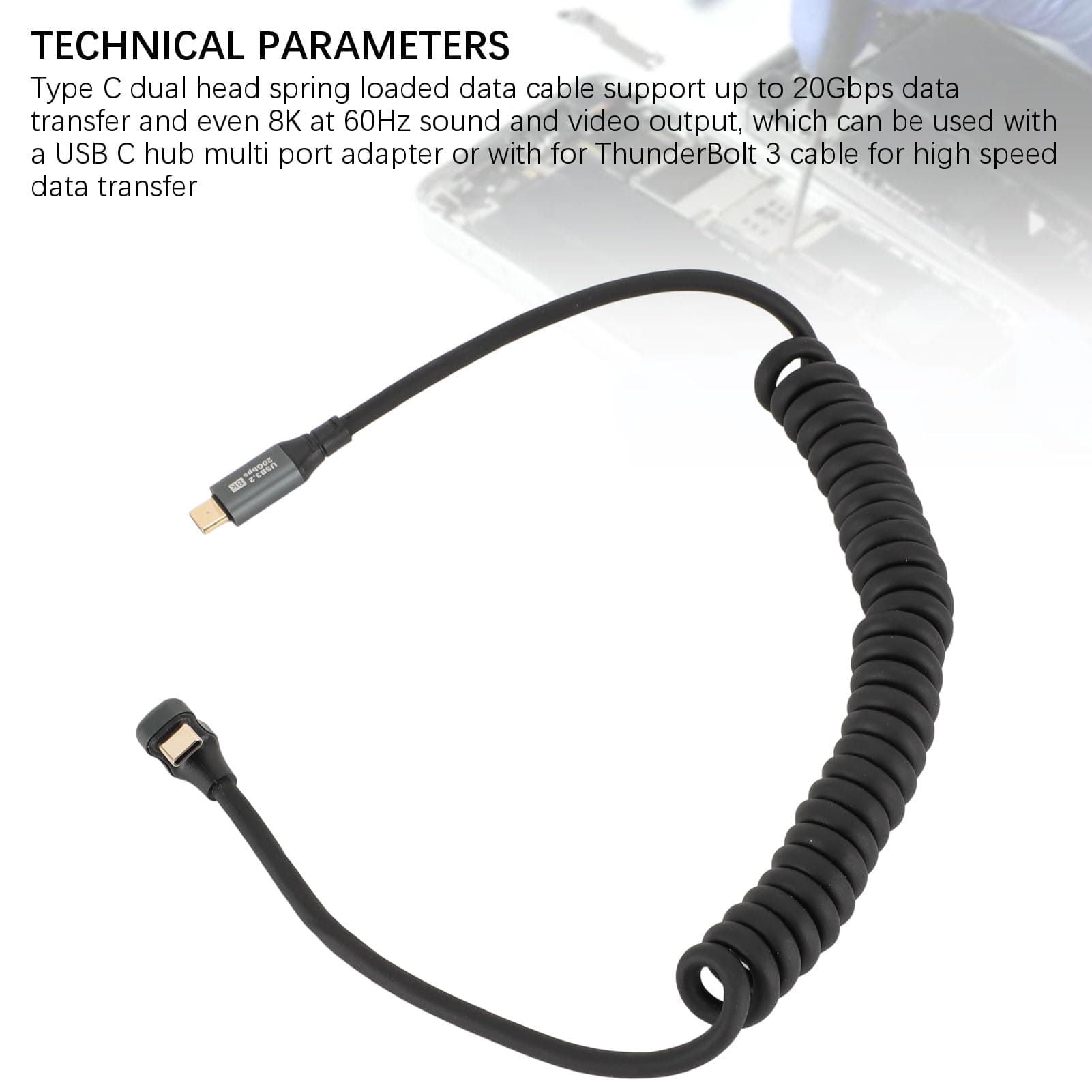 Cable USB C a USB C, Cable en Espiral de Resorte USB C a USB C Extensible de Doble Cabezal USB3.2 Portátil con Carcasa de Aleación de Aluminio para Concentrador (C macho a C thumbnail 3