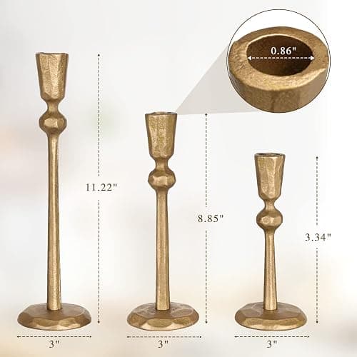 Antique Brass Iron Taper Candle Holder - Set of 3 Decorative Candle Stand, Candlestick Holder for Wedding, Dinning, Party thumbnail 3