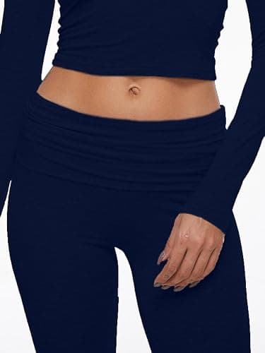 AnotherChill Women's 2 Piece Lounge Sets Fold-over Flare Pants Set Long Sleeve Cropped Top Casual Outfits Pajamas thumbnail 6