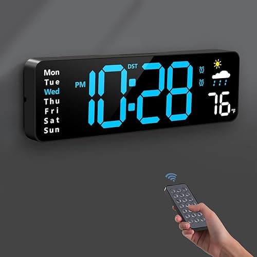 Digital Wall Clock, Digital Clock Large Display with Remote Control, Corded LED Alarm Clocks with Date, Week, Temp, Humidity, Auto DST, Countdown, for Living Room Bedroom Classroom Office (Blue) - Image 1