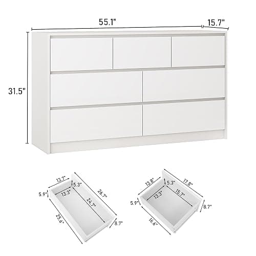 White Malm Dresser for Bedroom, 55 Inch Long Dresser High Gloss Dresser with 7 Drawers, Modern Large Wood Chest of Drawer Handle Free, Dresser for Kids Bedroom, Living Room, Entryway, Hallway, White - White thumbnail 2