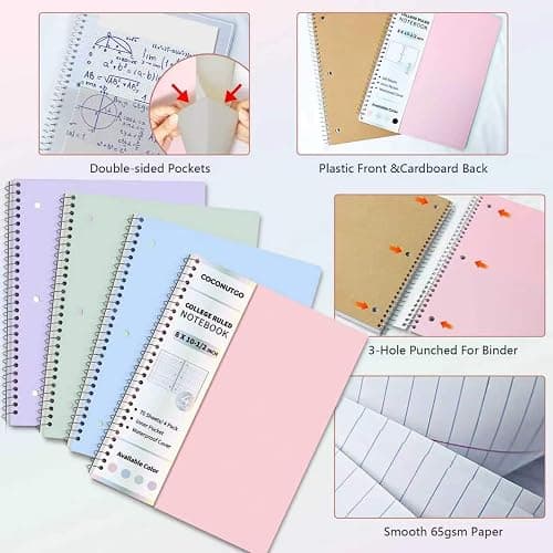 CoconutGo 4 Pack Spiral Notebooks, 1 Subject College Ruled, 10.5 x 8 in, 70 Sheets Each, 3-Hole Punched Perforated Pages, Plastic Covers with Pockets, Silver Coil, Assorted Colors thumbnail 6
