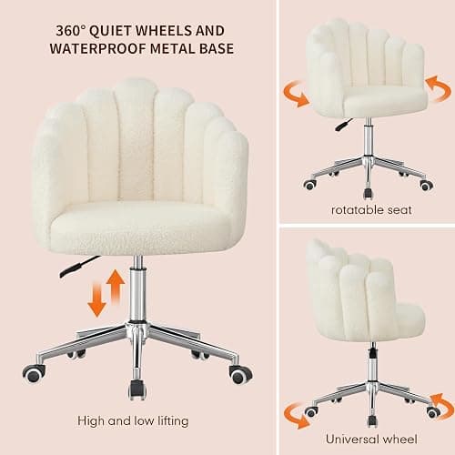 JMYXF Vanity Chair 360° Swivel Desk Office Chair Height Adjustable Makeup Dressing Table Chair for Home Office Bedroom Swivel Chair Teddy Fleece Modern Home Chair (Seashell White) thumbnail 8