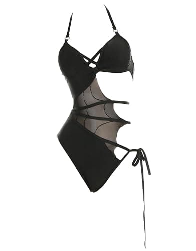MEOWCOS Damen Einteiler Badeanzüge Gothic Badeanzug Neckholder Mesh Cutout Einteiler Badeanzug Einteiler Bademode - Image 1
