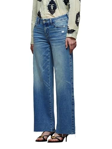 ONESO Mid-Low Rise Baggy Jeans Wide Leg for Women Distressed Pants Stretchy Bottom Lady Basic Comfortable Denim thumbnail 2