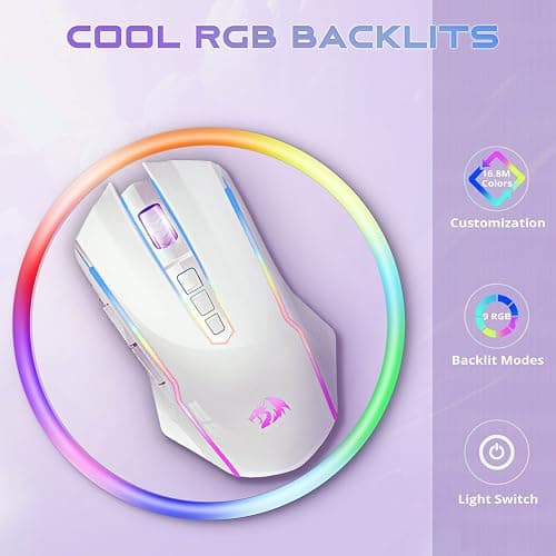 Redragon Gaming Mouse, Wireless Gaming Mouse with 9 Programmable Buttons, RGB Backlit, Rechargeable Wireless Mouse UP to 8000 DPI, Macro Edit, 70Hrs for Laptop, PC, Mac Gamer, White M910-WS thumbnail 2