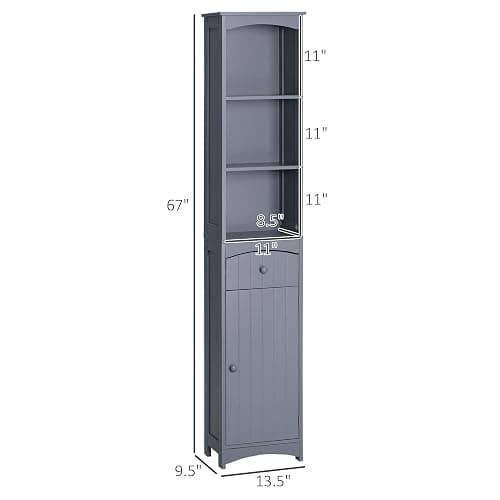 💜HOMCOM Bathroom Storage Cabinet, Free Standing Bathroom Storage Unit, Tall Linen Tower with 3-Tier Shelves and Drawer, Grey thumbnail 3