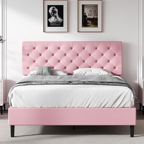 REVOMINCA Full Bed Frame with Headboard, Faux Leather Upholstered Platform Bed Frame, Pink Bed Frame Full Size, Wooden Slat Support, No Box Spring Needed, Pink thumbnail 2