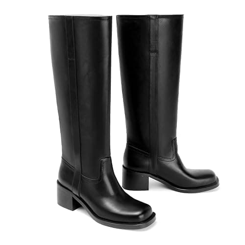 Gothictor Women's Banana Knee High Boots Square Toe Chunky Block Heel Comfortable Low Heel Pull on Wide Calf Riding Long Boots for Women thumbnail 4