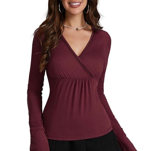 Women Fairy Grunge Wrap V-Neck Tops Long Sleeve Slim Fit Aesthetic Top Y2K Shirts Streetwear thumbnail 2