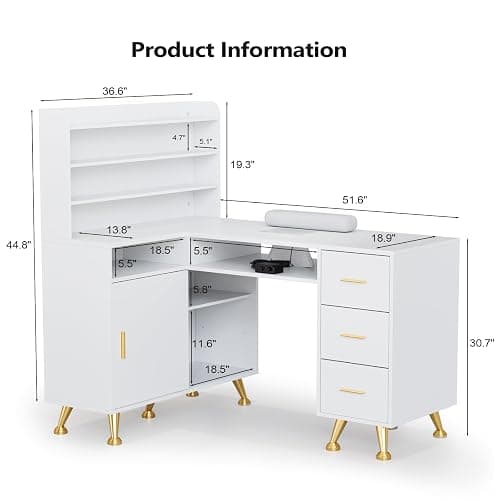 OmySalon L Shaped Manicure Table with Dust Collector, 52" L Corner Nail Desk for Nail Techs, w/Polish Display Rack Arm Rest, Acetone Resistant Top, Drawer and Cabinet Storage, for Nail Salon thumbnail 3