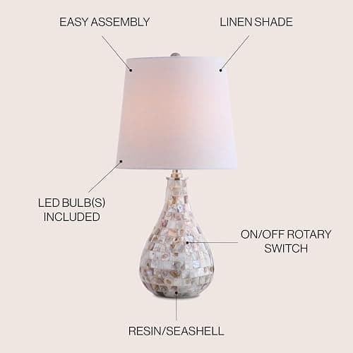 JONATHAN Y 20.5" Seashell Coastal Mini LED Table Lamp for Living Room Office, White Linen Drum Shade, Modern Mother of Pearl Bedside Nightstand Lamp, LED Bulb Included JYL1024A thumbnail 5