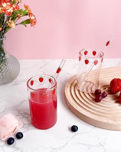 Kreapa Cute Strawberry Pattern Glass Cups - 2 Sets of 300ML Straw Glass Cups for Water, Milk, Tea, Coffee, Juice thumbnail 3