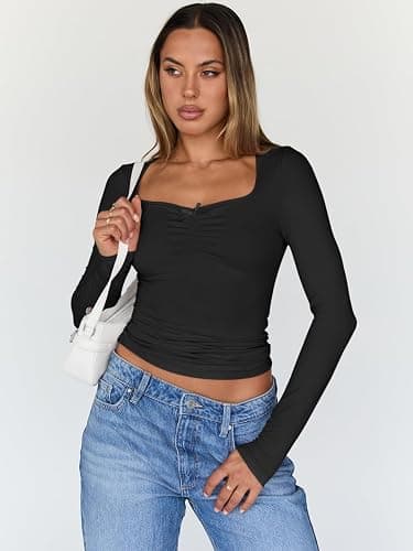 Trendy Queen Womens Long Sleeve Tops Going Out Top Trendy Cute Shirt Y2k Clothes Fashion Clothing Fall Outfits 2025 thumbnail 2