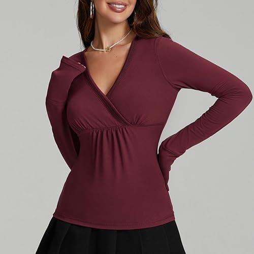 Women Fairy Grunge Wrap V-Neck Tops Long Sleeve Slim Fit Aesthetic Top Y2K Shirts Streetwear thumbnail 4