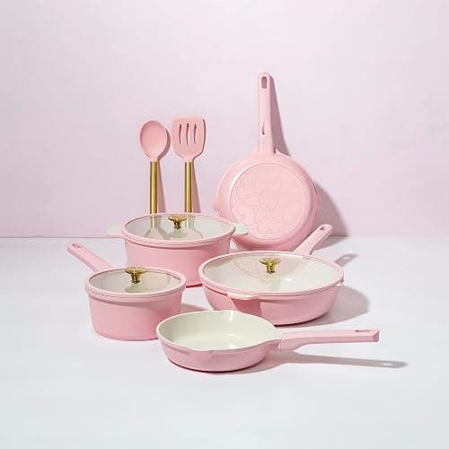 Paris Hilton Ceramic Nonstick Cookware Set, Cast Aluminum with Dual Layer Nonstick Coating, Gold Heart Knobs, Stay-Cool Handles, Made without PFAS, PFOA, PFOS & PTFE, Dishwasher Safe, 10-Piece, Pink thumbnail 8
