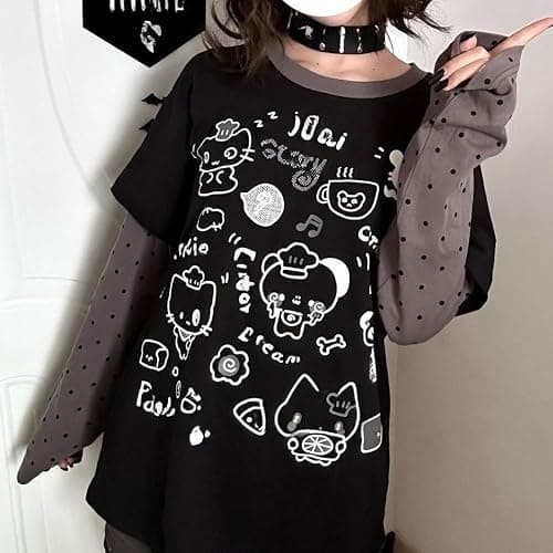 GGOOB Y2k Fake 2 Piece Cute Shirts Women Kawaii Cutecore Graphic Long Sleeve Top Teen Girls 2000s Preppy Aesthetic Clothing thumbnail 6