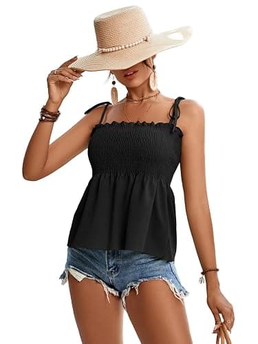 LYANER Women's Cute Summer Tops Tie Shoulder Shirred Ruffle Hem Sleeveless Sexy Cami Blouse Peplum Top thumbnail 3