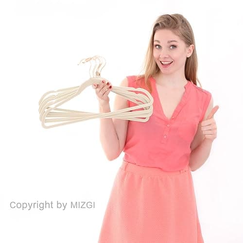 MIZGI Premium Velvet Hangers (50 Pack) Heavy Duty - Non Slip Felt Hangers - Velvet Suit Hanger Ivory - Rose Gold Hooks,Space Saving Clothes Hanger thumbnail 9