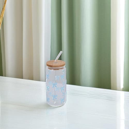 VALICLUD Cute Glass Tumbler with Straw and Lid, Large Capacity High-temperature Resistant Juice and Coffee Cup, Blue Bowknot Design with Wooden Lid for Iced Drinks and Water thumbnail 2