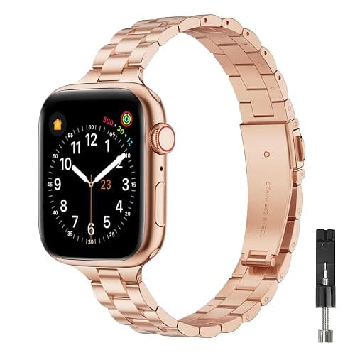 OMIU Thin Band Compatible with Apple Watch 40mm 38mm 41mm 42mm 44mm 45mm 49mm, Premium Stainless Steel Metal Replacement Adjustable Wristband Strap for iWatch Ultra SE Series 9/8/7/6/5/4/3/2/1 Women - Image 1