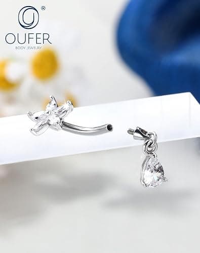 OUFER Body Piercing Belly Button Bars 316L Stainless Steel Belly Bar Rings 14G Internally CZ Dangly Navel Piercing Jewellery Butterfly Teardrop Navel Bars Women thumbnail 3