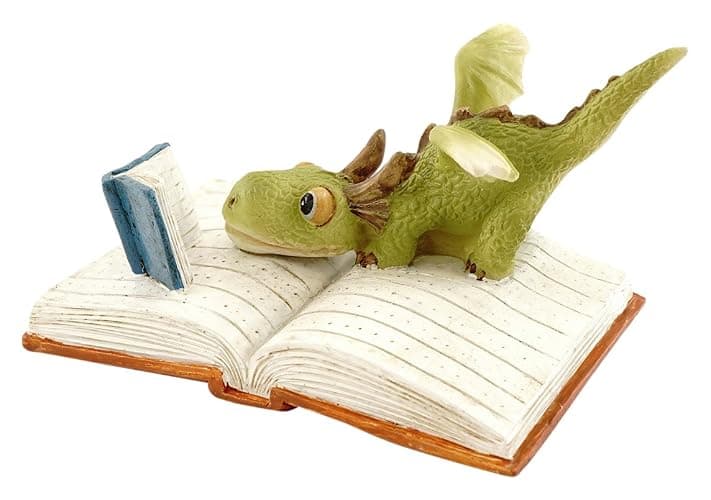 Top Collection Miniature Fairy Garden and Terrarium Mini Dragon Reading Figurine, Green White - Image 1