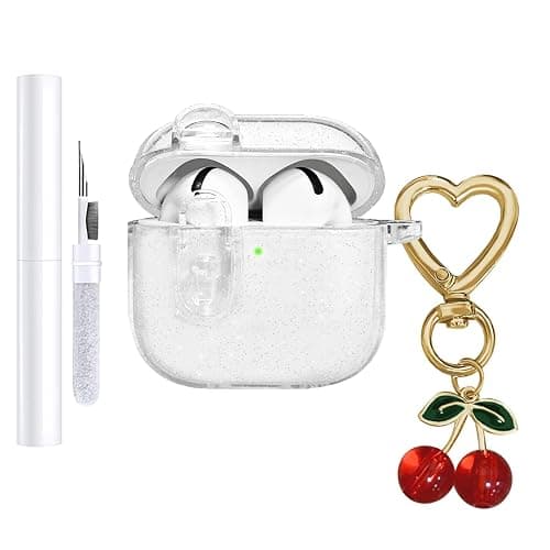 AZGYIAI (with Safety Lock) Clear Case Compatible with Apple AirPods 4 Cases 2024, Soft TPU Transparent for AirPods 4th Generation Cases with Cute Cherry Keychain for Women Grils (Glitter Clear) - Image 1