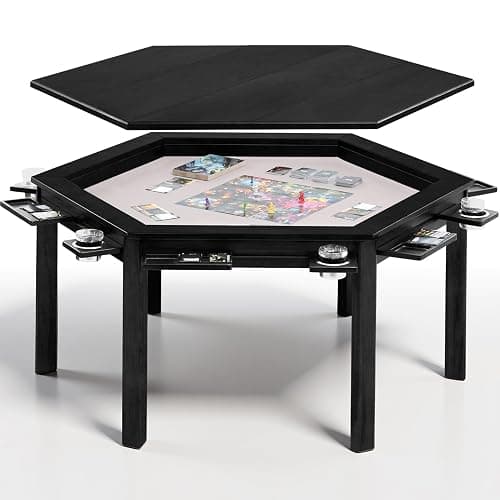 janiry Board Game Table with Removable Table Top Seats 4 to 6 Players Hexagonal Solid Wood Dining and Gaming Table Includes Play Mat, Detachable Cup Holders & Trays (Black) thumbnail 9