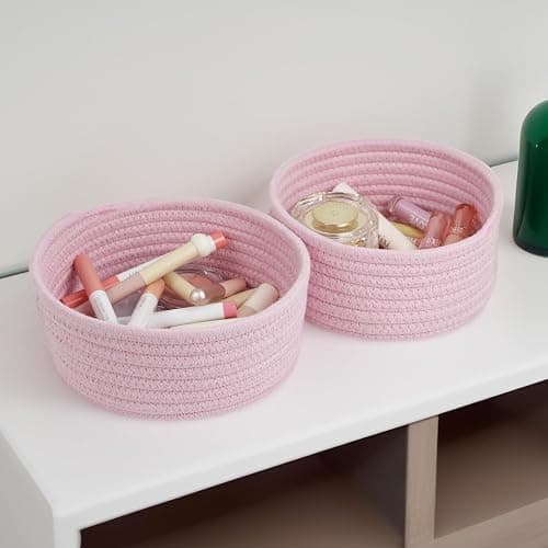 Small Storage Basket, Set of 3 Woven Baskets, Cotton Rope Small Baskets for Organizing, Cute Mini Tiny Round Basket, Bathroom Organization Bin (Pink) thumbnail 5