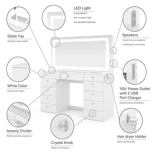 Boahaus Orla Modern Makeup Vanity Desk with Built-in Light Bulbs, USB Port, Power Outlet, 11 Drawers, Hollywood Vanity Mirror, Glam Glass Top, White/Crystal thumbnail 7