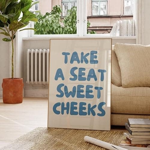 Blue Retro “Take A Seat Sweet Cheeks” Wall Art, Funny Quote Poster Print, Bathroom Wall Decor, Guest Room Home Decor (Unframed) (11x14) - Image 1