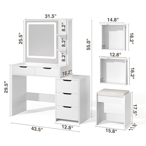 Aiho Makeup Vanity Desk with Mirror & Lights, 43.5" Table with 5 Drawers & Shelves, Adjustable Brightness & 3 LED Modes - Dressing Table Set for Bedroom, White thumbnail 2