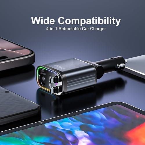 4 in 1 Retractable USB C Car Charger,69W with Starry Light,Fast Charging for iPhone 16/15/14/13/12,iPad,Android,Galaxy,Pixel,Cigarette Lighter Adapter (ForLightning+USB-C) - Lightning+USB-C - Grey thumbnail 9