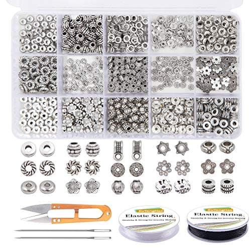 EuTengHao 605pcs Silver Spacer Beads 15 Style Jewelry Bead Charm Spacers Alloy Spacer Beads Kit for Jewelry Making DIY Bracelets Necklace Crafting Tools Kit with 2 Crystal Cable 2 Needles 1 Scissor - Image 1