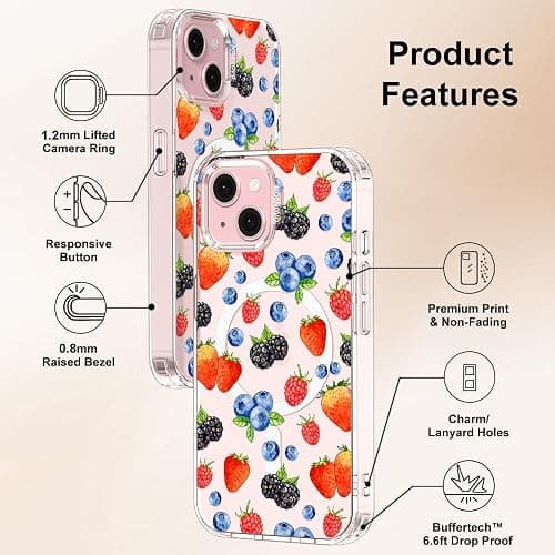 MOSNOVO for iPhone 15 Case, Compatible with Magsafe, Shockproof Military-Grade Protection 6.6ft Drop Tested, Magnetic Clear Phone Case for iPhone 15, Wild Berries Design thumbnail 7